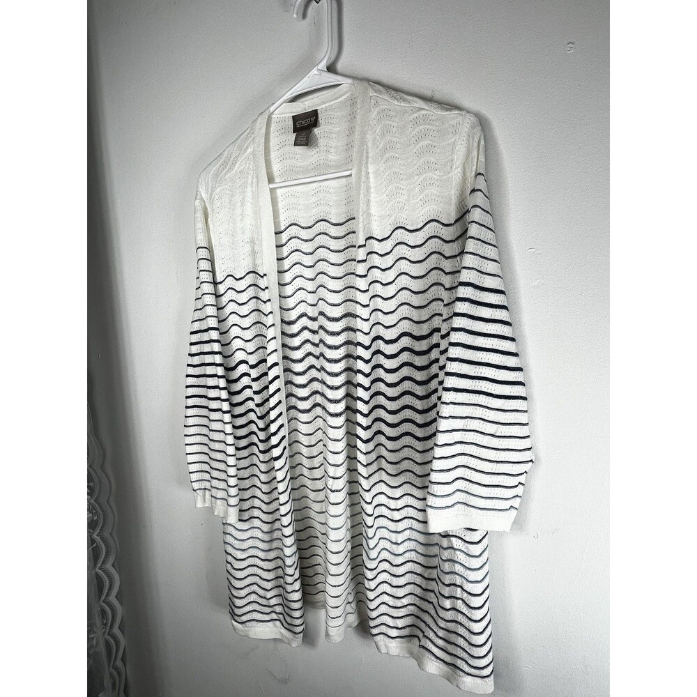 Chico's Sweater Cardigan Womens 2 L White Striped Nautical Open Knit Top
